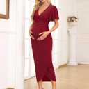 AISWI Womens Maternity Wrap Dress V Neck Ruffle Sleeves Semi Formal Baby Shower Photoshoot Party Cocktail Pregnancy (Red, M)