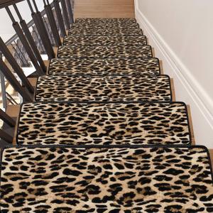 Stair Treads Seamless Leopard Texture Leopard Fur Animal Non-Slip Self Adhesive Step Carpet Runner Rug Stair Mats with Magic Tape for Indoor Outdoor Kids Dogs 30"x8"-13PCS