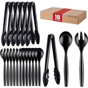 Mwellewm 18Pcs Serving Utensils, 10'' Plastic Serving Utensils Set, Disposable Serving Spoons for Buffet, Large Serving Tongs for Food, Heavy Duty Party Supplies for Salad Soup Cooking Catering(Black)