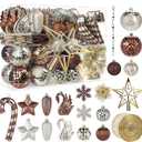 128pcs Christmas Balls Ornaments Set, Shatterproof Plastic Baubles Christmas Flowers, Ribbon for Xmas Tree Holiday Wedding Party Decorations with Hanging Strings,Champagne Gold and Brown