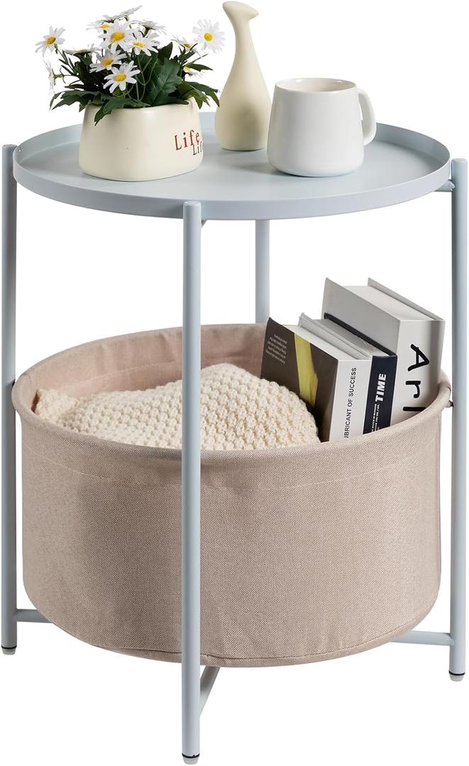 danpinera Round Side Table with Fabric Storage Basket, Metal Side Table Small Bedside Nightstand with Removable Tray Top for Living Room, Bedroom, Nursery, Laundry, Blue-Gray, round, 17.71-inch diameter, 20.47-inch height