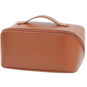 Large Capacity Portable Travel Cosmetic Bag, Multifunctional Waterproof PU Leather Makeup Bag with Handle and Dividers, Brown, 9.2" x 4.2" x 4.2"