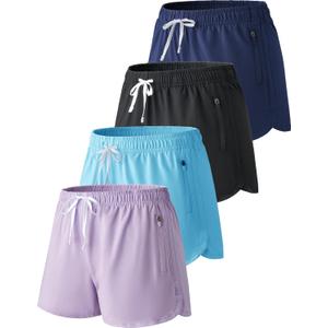4 Pack Youth Girls Athletic Shorts 3", Girls Soccer Shorts, Kids Workout Gym Clothes Activewear Apparel with Zipper Pockets (Large, Set 2: Lavender/Baby Blue/Navy/Black)