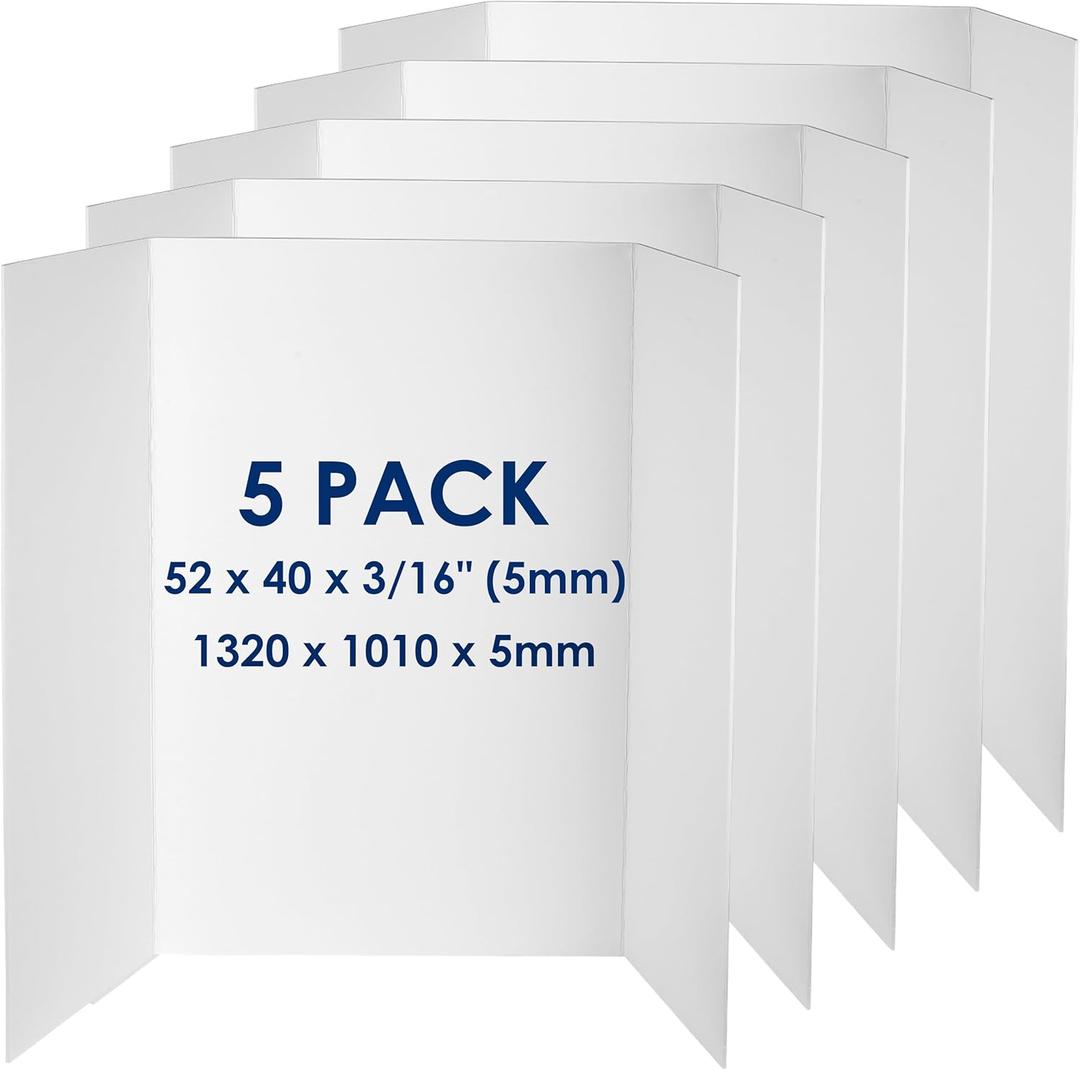 Foam Board Trifold 52 x 40 x 3/16" (5mm) - 5 Pack - Large Poster Foam Core Board, Acid Free, Double Sided, Posterboard Foamboard for Mounting, Prints, Art, Display, Presentation and Projects (52x40 in 5 Pack)