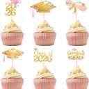 Sliner 60 Pcs 2026 Pink Gold Floral Graduation Cupcake Toppers Glitter Class of 2026 Cupcake Toppers Adjustable Congrats Grad Cap Diploma Cup cake Picks for Graduation Theme Party Cake Supplies