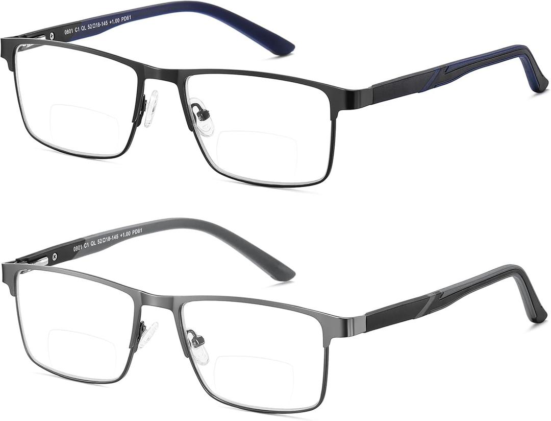 2 Pack Multifocal Progressive Reading Glasses Men, Blue Light Multifocus Bifocal Readers for Mid and Near Range (Bifocal Black & Grey)