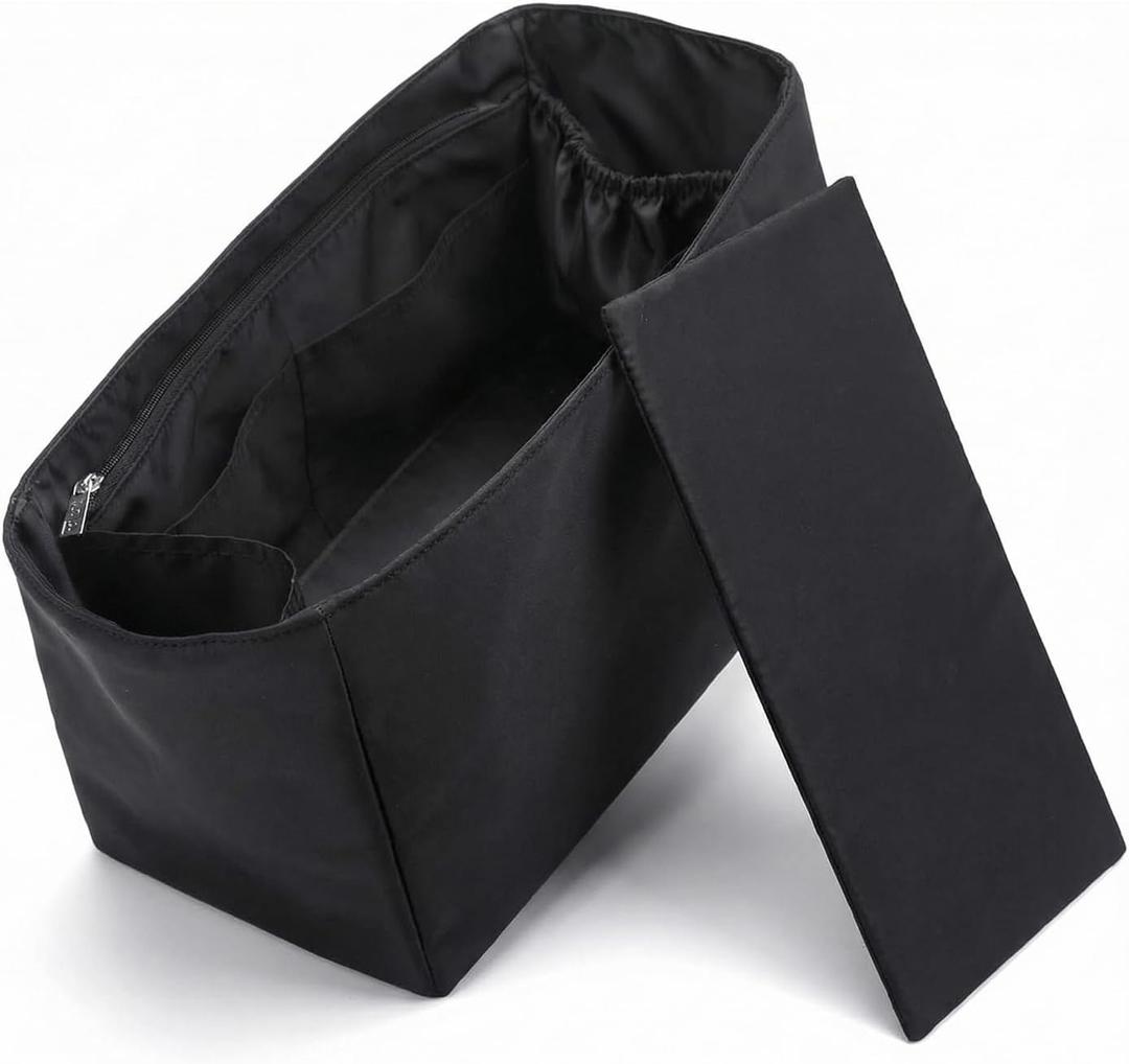 Purse Organizer Nylon Water-Repellent Insert With Zipper Bag and Base Shaper for Neverfull Speedy Tote (Black, X-Large)