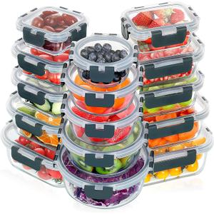VERONES 30 Pieces Glass Meal Prep Containers Set, Stackable Glass Food Storage Containers with Lids-Airtight Lunch Containers，for Microwave, Oven, Freezer & Dishwasher, Grey
