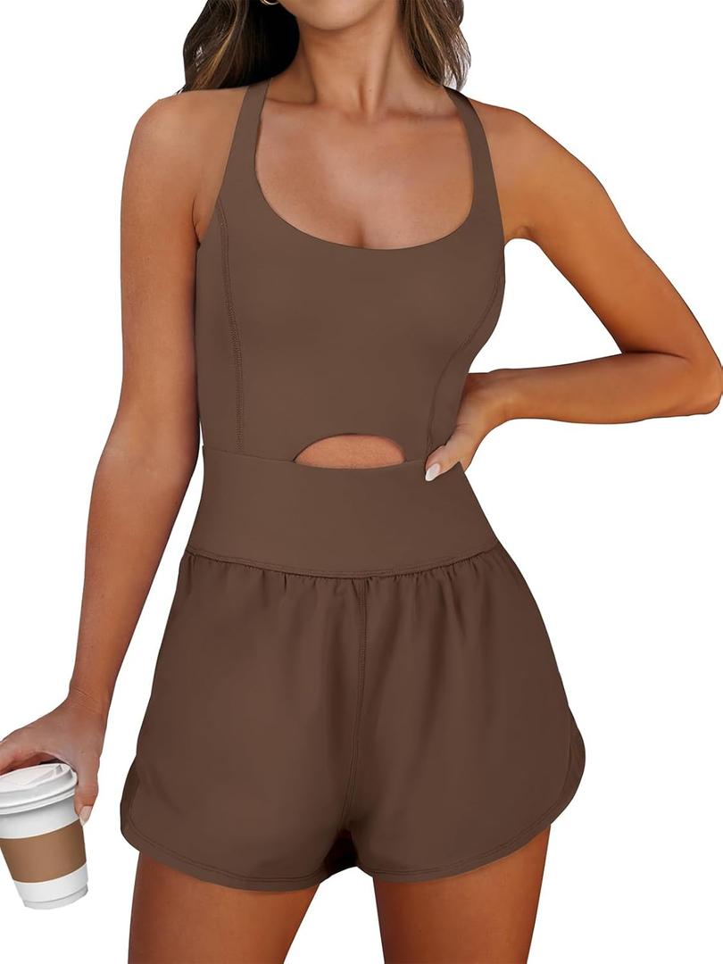 Caracilia Women's Workout Athletic Romper Summer Sets Short Jumpsuits Onesie Running Outfits Exercise Gym 2025 Trendy Clothes (Coffee) S