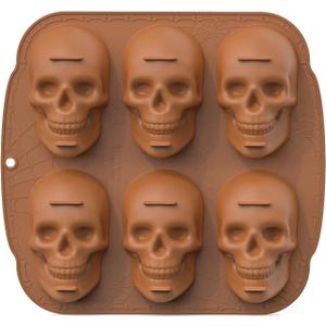 Skull Silicone Molds for Baking, 6 Cavities 3D Skull Baking Pan for Cake Chocolate, Skeleton Mold for Pizza Ice Wax Melt Jelly Resin (Coffee)