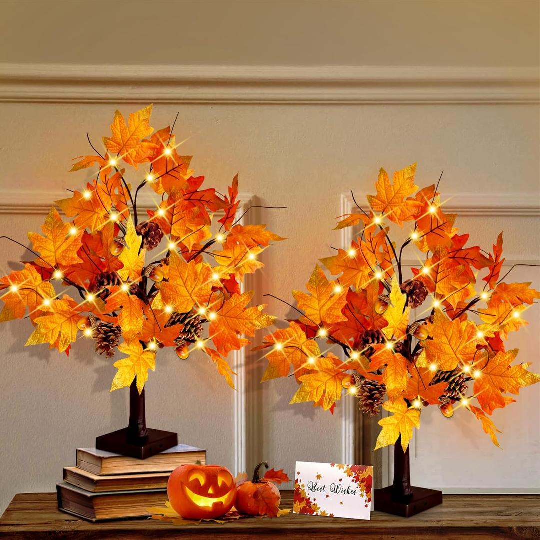 CKE 2 Pcs 24 Inch Artificial Fall Tree Lighted Maple Tree Battery USB Operated w/Timer, 24 LED Thanksgiving Decorations Table Lights Tree for Autumn Wedding Party Gift Indoor Outdoor Harvest Home Deco