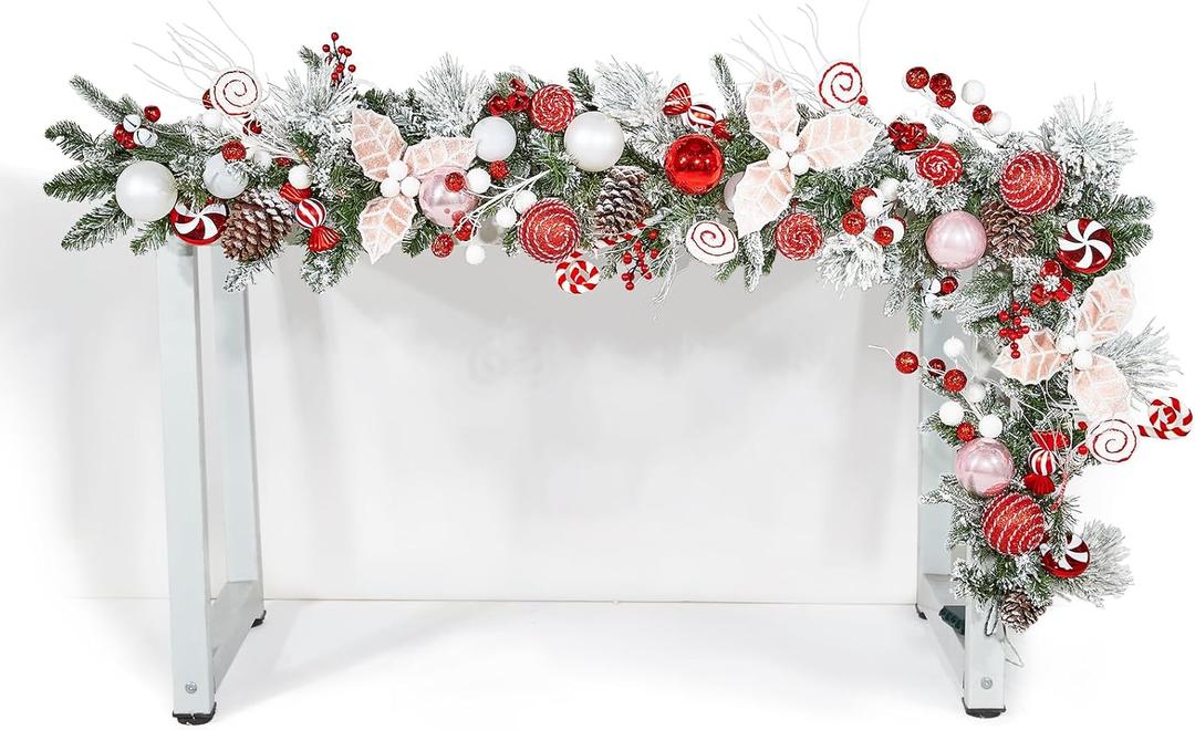 WBHome Pre-lit 6 Feet/72 Inch Christmas Garland, Sweet Red & White Lighted Garland with 50 LED Lights for Indoor Outdoor Xmas Decor Holiday Decorations, Battery Operated (Batteries NOT Included)