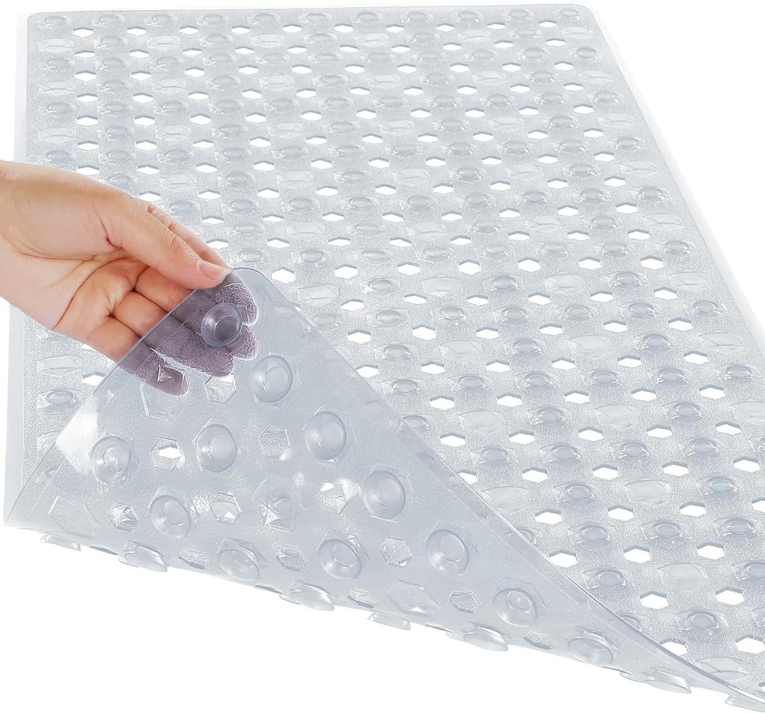Yimobra Bath Tub Mat Non Slip, 34.5"x15.5" Long Shower Mat, Machine Washable Bathmat with Drain Holes and Suction Cups, Soft on Feet, Bathroom Essentials, Clear