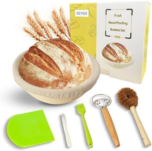 Keygo Bread Proofing Basket Set, 9 Inch Round Sourdough Banneton Basket with Linen Liner, Plastic Scraper, Scoring Cutter for Bread Making Tools Supplies (Round 9'')