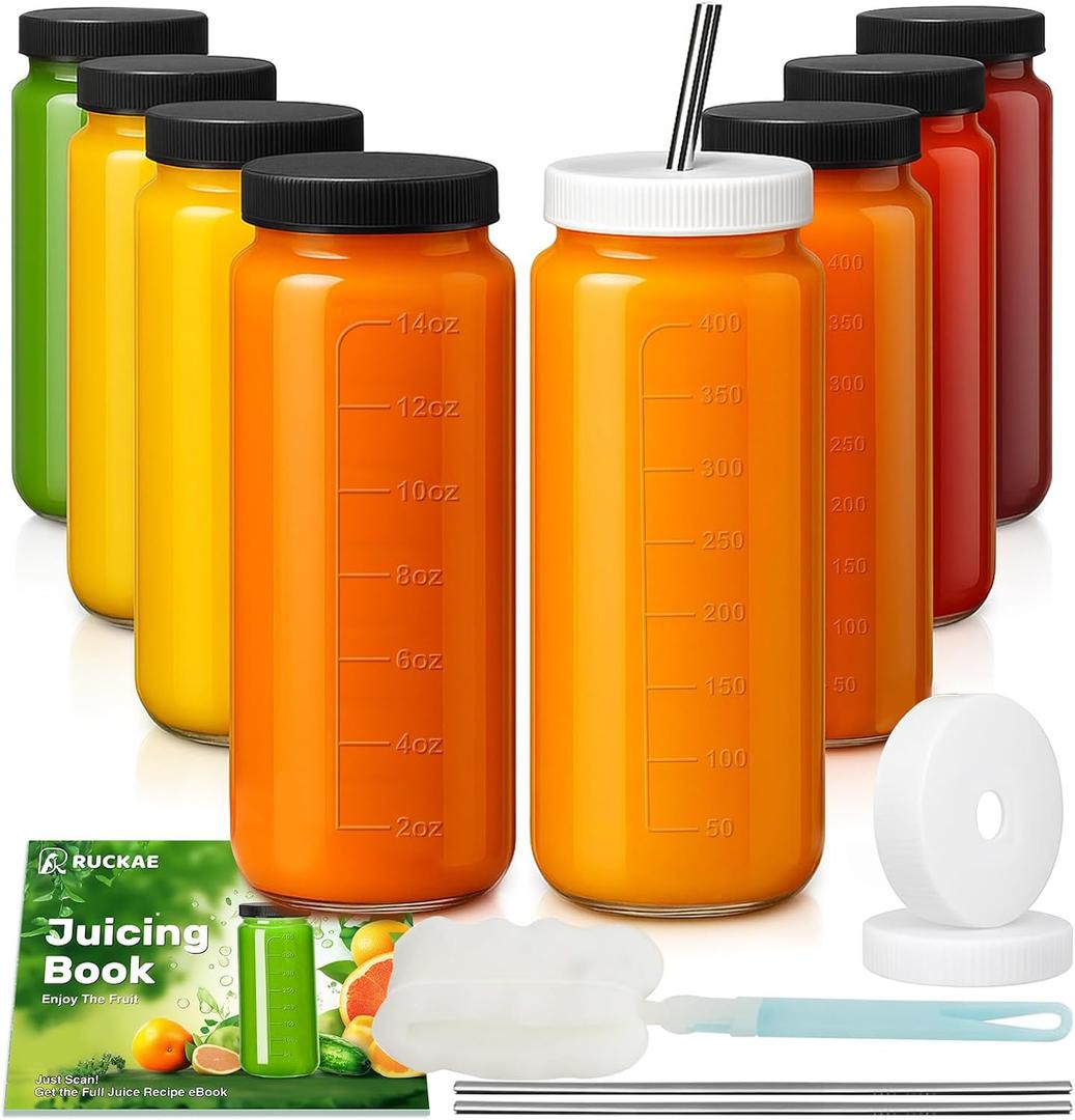 Ruckae 16oz 8 Pack Juice Bottles, Glass Bottles Juicing with Lids, Smoothie Cup Lids and Straws, Water Bottle Mason Jar Drinking Glasses for Juicing, Smoothies, Kombucha (Transparent)