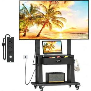 Rolling TV Stand with Power Outlet,TV Cart with Fabric Drawer for 23-75 inch Flat/Curved Screen Up to 120lbs,Adjustable Height Mobile TV Stand with Wheels,for Indoor Outdoor,Max VESA 600x400mm