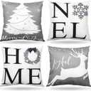 Lounsweer 4 Pieces Gray Christmas Pillow Covers 18 x 18 Inch Set Snow Reindeer Pillow Covers for Christmas Farmhouse Decorations Christmas Tree Noel Home Winter Holiday Decor Throw for Couch