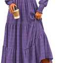 CFLONGE Women's Fall Dresses 2025 Puff Long Sleeve Square Neck Dress High Waist Smocked A-Line Flowy Wedding Party Maxi Dress (Purple, XL)
