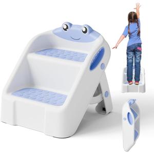 Toddler Step Stool, Easy to Fold Step Stools for Toddlers with Non-Slip Surface & Alphabet Patterns, Lightweight & Cute Kids Step Stool for Potty Training, Bathroom Sink, and Bedroom, Blue