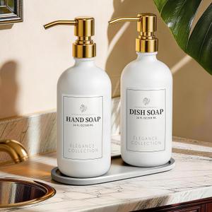 White Glass Soap Dispenser Set of 2, 16oz Hand and Dish Soap Dispenser for Kitchen & Bathroom, Gold Stainless Steel Pump, Non-Slip Base, 14 Waterproof Labels, Contemporary Style