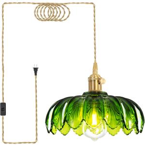 Plug in Pendant Light, Hanging Lights with Plug in Cord, Hanging Light Fixture with Green Glass, E26 Pendant Lighting for Kitchen Island, Bedroom, Dining Room, Living Room