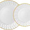 Lullaby 60PCS Pearl White Scalloped Plastic Plates with Gold Rim, Disposable Elegant Plates Include 30pcs Dinner Plate 10.25", 30pcs Dessert Plate 7.5", Perfect for Daily Use, Wedding and Party