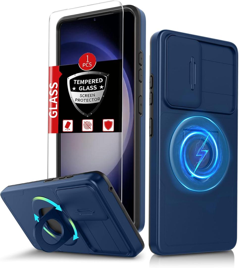 Samsung Galaxy S23 Case Magnetic Compatible with MagSafe Wireless Charging,with Screen Protector,Built-in Kickstand Ring+Camera Cover Anti-Scratch Shockproof Heavy Duty Protection Blue