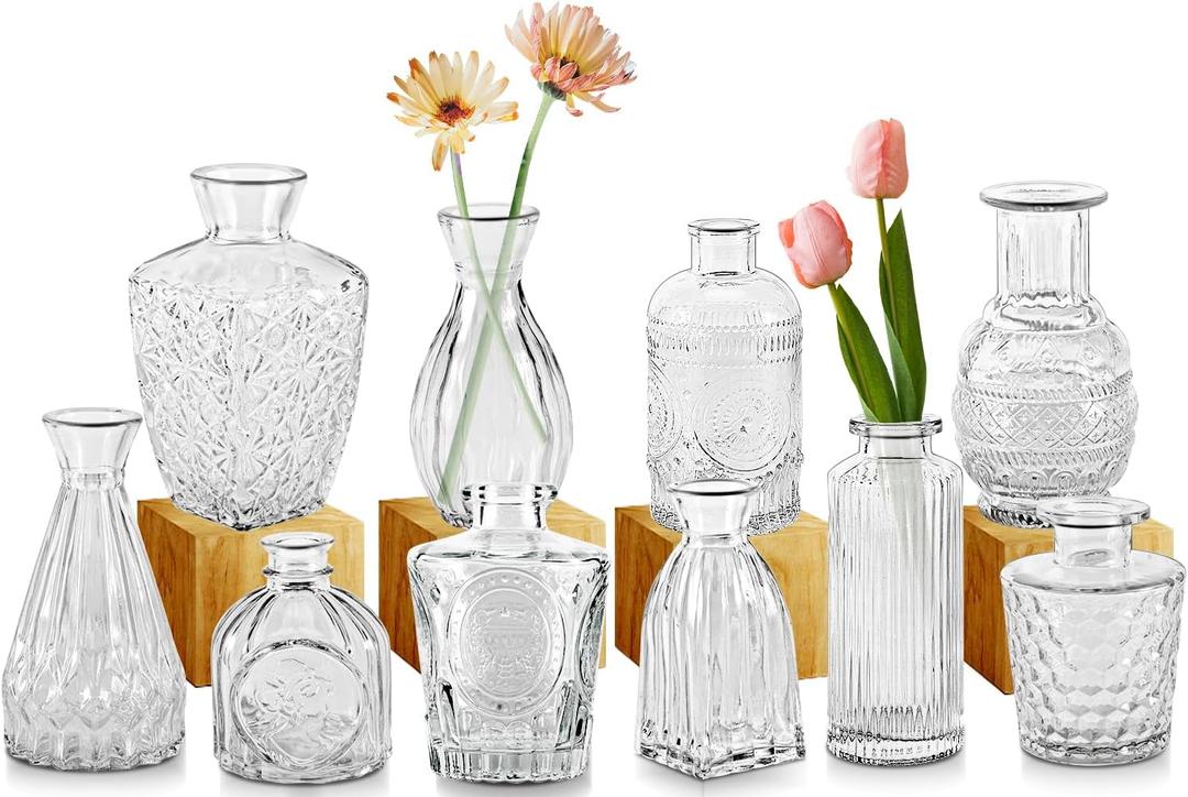 Bud Vases,IJRPLM Set of 10 Glass Bud Vases in Bulk,Small Vases for Centerpieces,Clear Vases Bulk Mini Vases for Flowers,Vintage Bud Vases for Home Table Flower Dcor Rustic Wedding Decorations