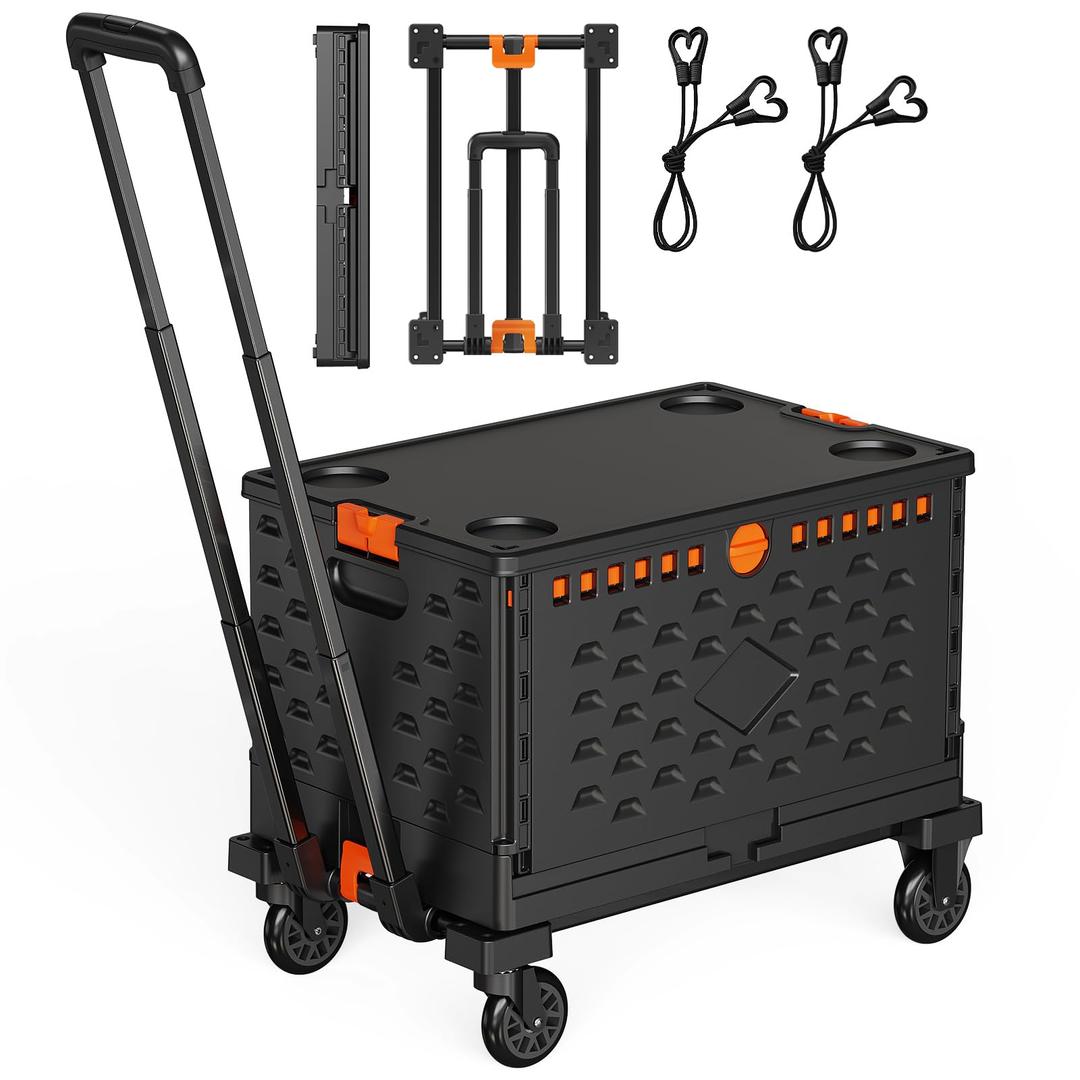 Folding Hand Truck Collapsible Crate Set, No Assembly Required 2 in 1 Utility Portable Rolling Crate Handcart with 4 Big Wheels & 2 Elastic Ropes & Removable Storage Crates (3.54 inches Wheels)
