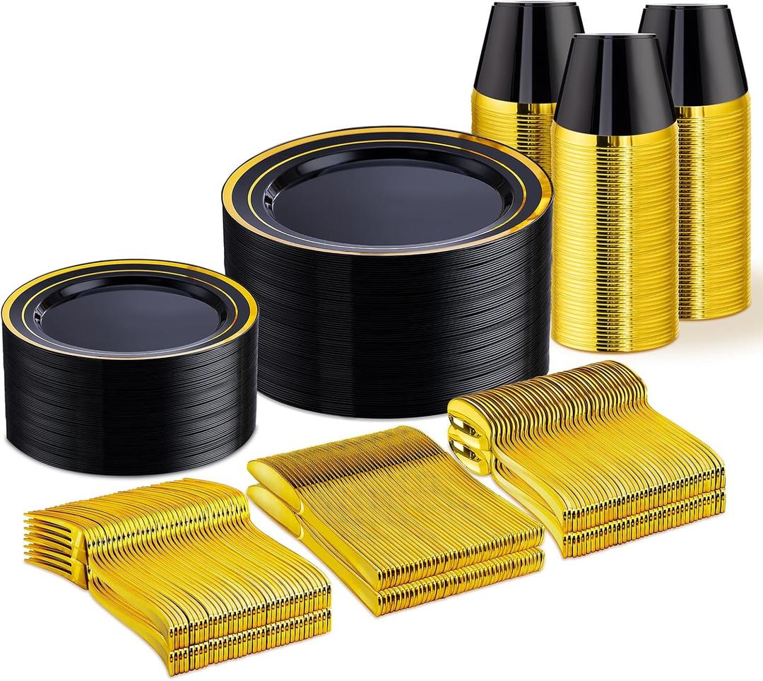WELLIFE 300 PCS Black and Gold Dinnerware Set for 50 Guests, Disposable Plastic Plates for Party, Gold rimmed Plastic Dinner Plates, Salad Plates, Cups, Silverware Set for Party Supplies
