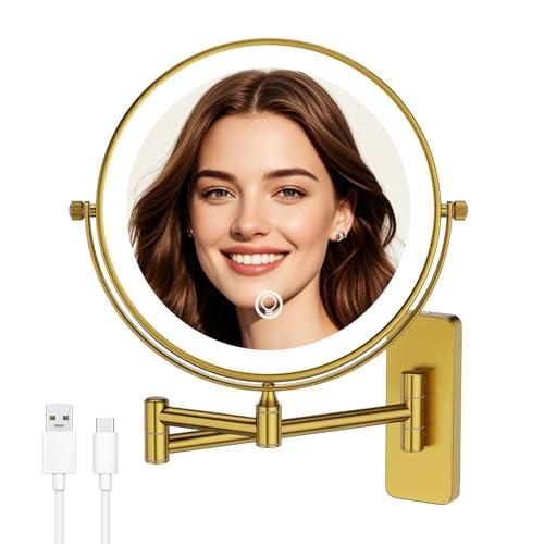 GURUN 8" Wall Mounted Lighted Makeup Mirror, 4500mAh Rechargeable 1&7X Magnifying Mirror with Light, | 3 Color LED Lighting & Touch Control | 360° Rotation & Extended Arm Wall Mounted Makeup Mirror