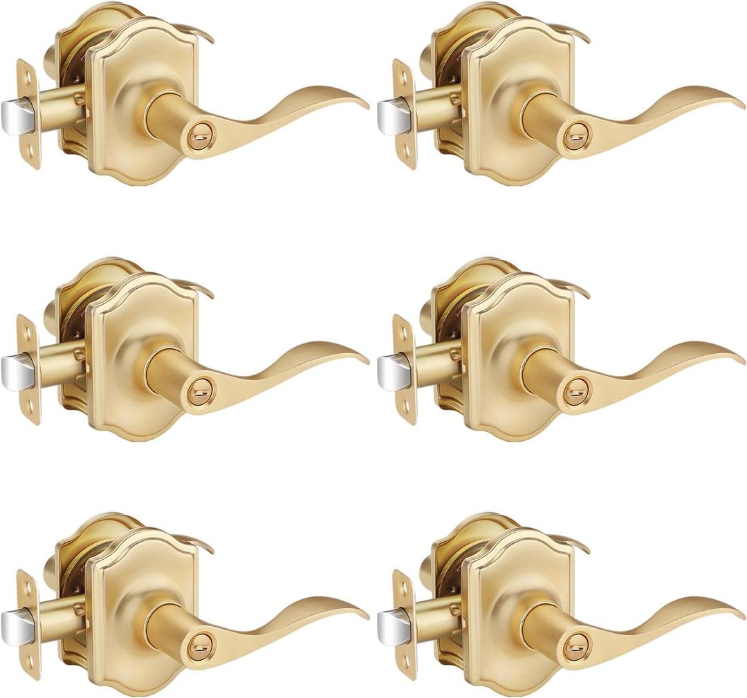 EHOMEWARE 6 Pack Gold Door Handles, Interior Door Knobs, Keyless Privacy Door Knob, Door Locks for Bedrooms, Bathroom Door Knob, Reversible for Left/Right Handed Doors, Stylish Wave Door Lever (Satin Brass)