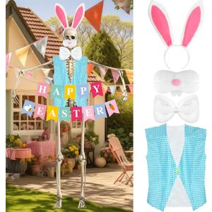 12 ft Giant Blue Skelly Clothes 5 Pcs Easter Skeleton Costume Accessories Include Blue Vest Banner Headband Bow Tie Mouth Decoration for Easter Garden Lawn Outdoor Spring DecorationExcluding skull