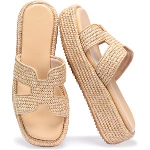 Monrovia Raffia Platform Sandals for Women Slip-On Espadrille Wedges Slides, Flatform Woven Straw Summer Vacation Beach Shoes
