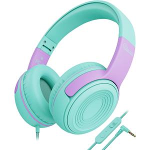 ELECDER Kids Headphones, S8 Wired Headphones for Kids with Microphone for Boys Girls, Adjustable 85dB/94dB Volume Limited, 3.5 mm Jack for/Kindle/Smartphones/Tablet/Airplane Travel(Green/Purple)