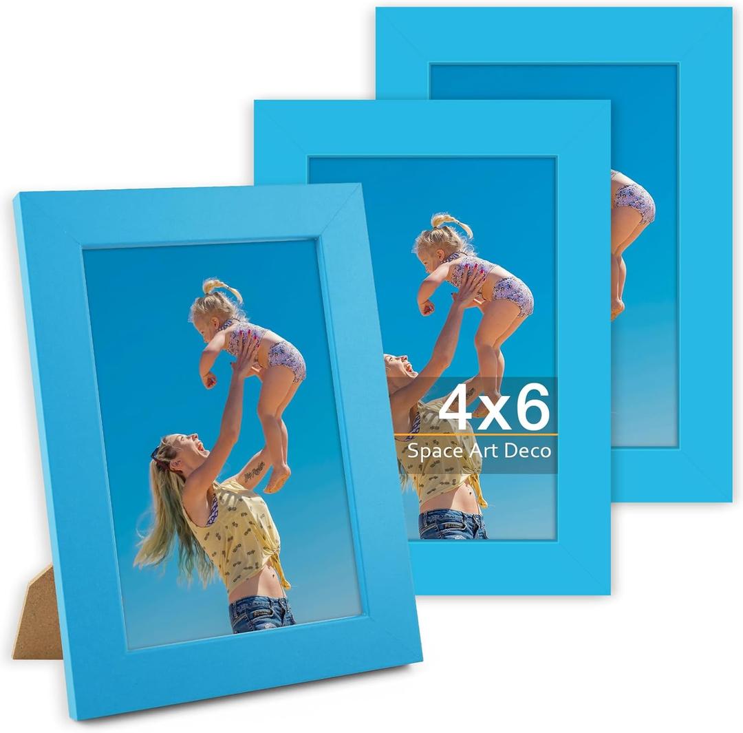 Space Art Deco, 4X6 Picture Frame, Set Of 3 Blue Picture Frame - Vibrant Colored Photo Collage Frame, High Definition Glass For Wall Mounting Or Tabletop Display