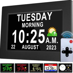 [New Version] 7 Inch Day Clock - 19 Alarms,20 Custom Reminders, Remote Control, Level 10 Auto Dimmable Display Calendar Clock, Non-Abbreviated Day Date Alarm Clock for Impaired Vision Dementia Seniors