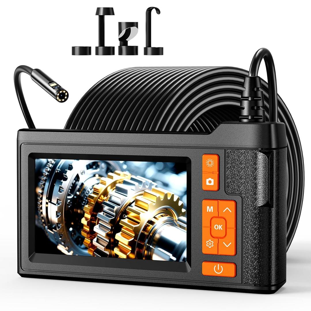 33FT Dual Lens Endoscope Camera with Light, 4.3" Borescope with Photo/Video, IP67 Waterproof with 8 LED Lights, Semi-Rigid Snake Cable, Inspection for Pipe, Engine & HVAC
