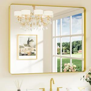Keonjinn 42 x 36 Inch Gold Bathroom Mirror, Tempered Glass Vanity Mirror Brushed Finish, Brass Vanity Mirror, Anti-Rust Aluminum Frame, Rounded Rectangle, French Cleat Mount, ldeal for Home Décor