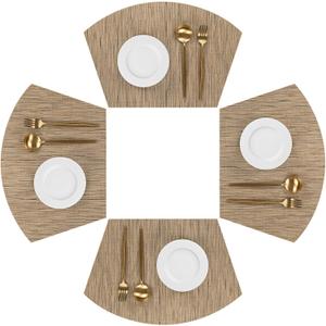SHACOS Round Table Placemats Set of 4 Wedge Shape Curved Placemat Woven Vinyl Place Mats Wipe Clean Dining Table Mats Home Table Decor (4, Tan)