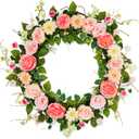24Inch Valentines Day Wreath Decor, Artificial Rose Pink Flower Wreath with Berry Eucalyptus Green Leaf, Valentines Wreaths for Front Door Wedding Anniversary Party Candlelight Dinner Decorations