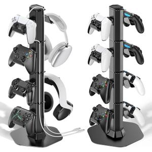 Controller & Headset Holder Stand for Desk, with Charger Cable Organizer Headphone Stand for PS5/ Xbox/ PS4/ Switch, Metal Base Controller Hanger Hook for Storage Earphones, Game Console, Mobile Phone (Black)