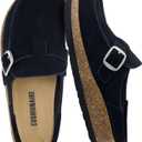 CUSHIONAIRE Hobby Genuine Leather Suede Mule Clogs for Women with Buckle Strap and Cork Footbed, Supportive All-Day Comfort in Womens Shoes (7 Wide, Black)