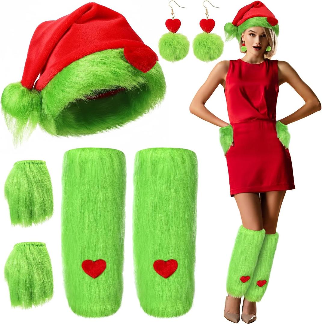 Berlune 7 Pcs Green Christmas Monster Santa Costume Accessories for Women Include Green Furry Leg Warmers Gloves Hat Earrings