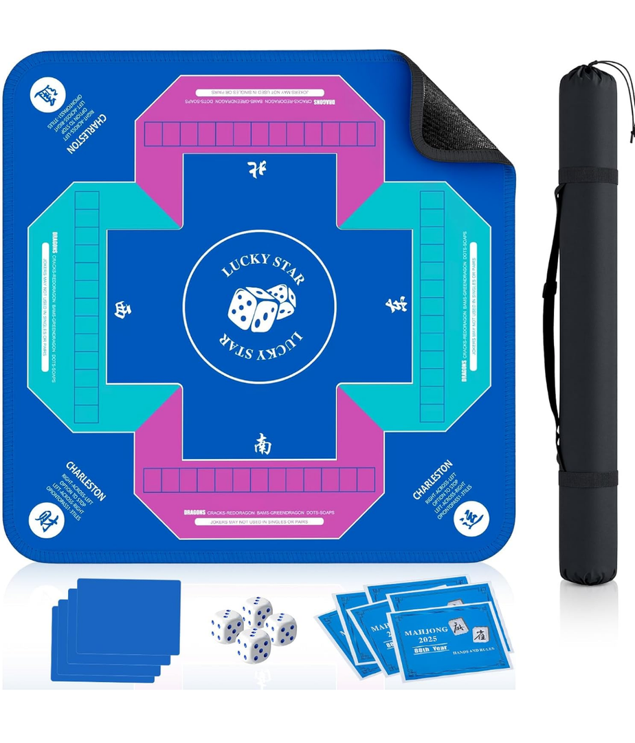 Mahjong Mat with Rules for Table with 6 Mahjong Playing Instructions,4Tile Mixer,4Dice & Carrying Bag,Non-Slip and Silent Travel Mahjong Set for Mahjong/Poker/Board Games/Card Games/Dominoes (Blue-2)