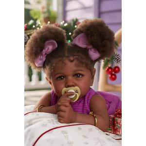 JIZHI Reborn Baby Dolls Black  22 Inch Lifelike Soft Body RealisticNewborn Baby Dolls Taupe Eyes Caramel Skin Tone Pink Striped Skirt Real Life and Toy Accessories Gift for Kids Age 3