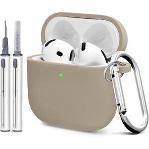 Silicone Case Cover for AirPods 4th Gen, Soft Skin, Full Protection, Keychain, Cleaner Kit (Milk Tea)