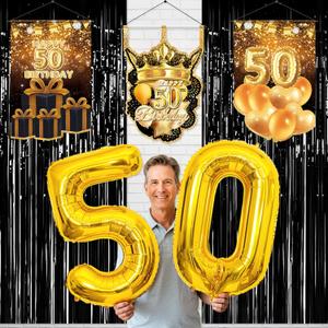 Vicycaty 50th Birthday Decoration for Men Women, Fabric 50th Birthday Backdrop Banner, Large Number 50 Foil Balloons, Foil Fringe Curtains, 50 Birthday Photo Props Yard Sign Decor(Black Gold)