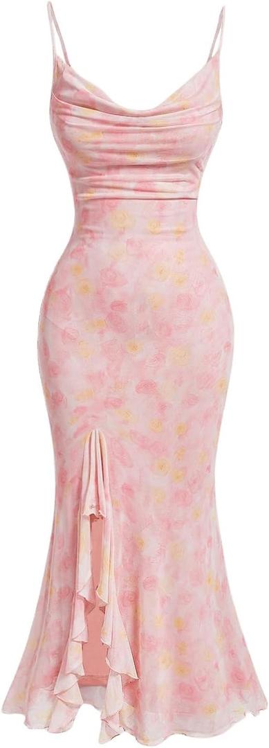 GORGLITTER Women's Floral Wedding Guest Dresses Mesh Ruched Ruffle Split Cowl Neck Fishtail Bodycon Maxi Dress (Medium, Pink)