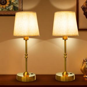 Cordless Table Lamp Set of 2 Rechargeable, 4000mAh Battery Operated Bedside Lamp with Fabric Shade, 3000K Stepless Dimming Touch Control Wireless Lamp for Dining Room, Nightstand (Gold)